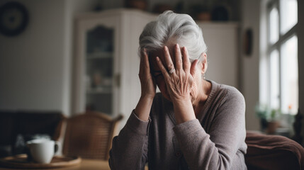 Elderly woman person suffering from Alzheimer's hand holding head in the living room - obrazy, fototapety, plakaty