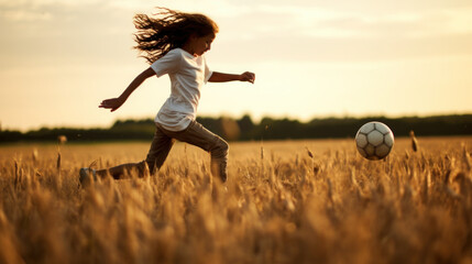 The girl football player kicking a ball in the field