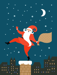 Christmas and New Year Greeting card. Funny Santa is dancing on the roof on night city backgound. Santa is coming down the chimney