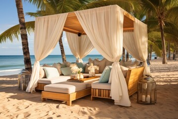 Fototapeta na wymiar private beach cabana with lounge chairs and champagne