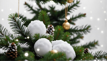 Fototapeta na wymiar A christmas tree adorned with delicate, monochromatic golden ornaments and snow balls