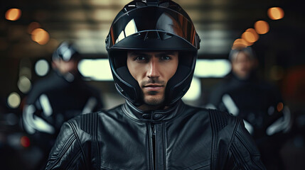 Portrait of A smiling male biker in leather jacket and motorcycle helmet looking at camera. karting sport concept. Generative Ai - obrazy, fototapety, plakaty