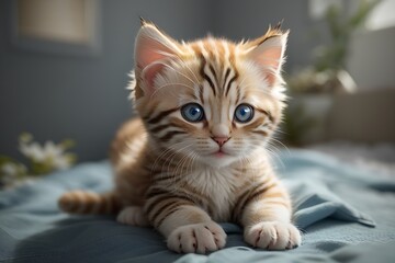 Describe the kitten's facial features. Highlight its eyes—whether they're large and round, the color of its eyes, and the expressiveness in its gaze. Mention the nose, whiskers, and the shape of its f