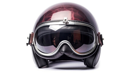 Vintage half motorcycle helmet with glasses isolated on white background. Generative Ai - obrazy, fototapety, plakaty