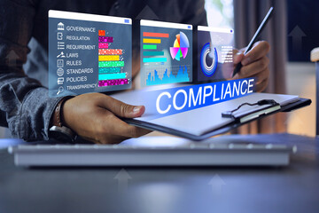 Compliance concept. Businessman holding clipboard to working process product export import to...