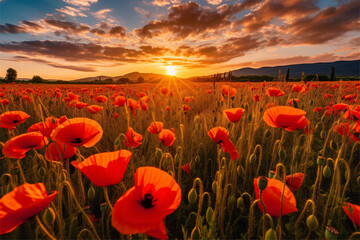Poppies field at sunset in Tuscany, Italy.