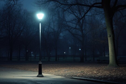 solitary lamp post in an unlit park