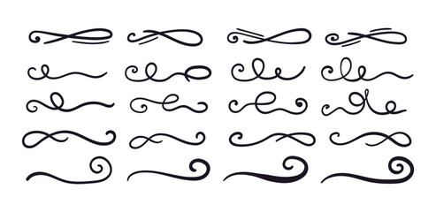 Swoosh and swoops double underline typography tails shapes. Brush drawn thick curved smears. Hand drawn collection of curly swishes, swashes, squiggles. Vector calligraphy doodle swirls.