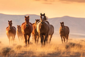 Wild Horse Stallions in the Utah Desert at Sunset. - obrazy, fototapety, plakaty
