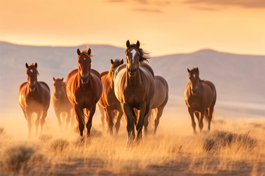 Wild Horse Stallions in the Utah Desert at Sunset.