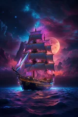 Rolgordijnen A pirate ship sails across seas under the Blood Moon clouds moon stars colorful detailed 4k © Imran