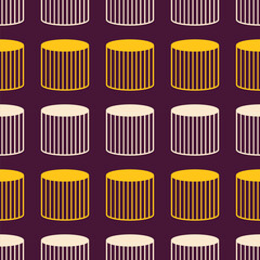 Striped cylinders seamless pattern. Stylish pattern design. Geometric shapes pattern. Yellow, beige, purple colors. Vector seamless geometric colorful background.