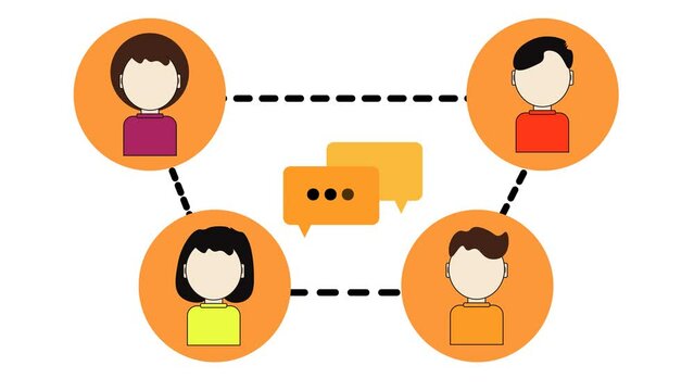 Animation of people connected with text messages and dashes. Suitable for any content about business and technology.