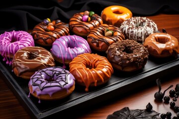 halloween-themed doughnuts with various icing designs