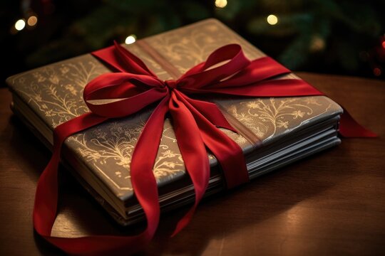 Close Up Of A Thick Christmas Storybook Tied With A Red Ribbon