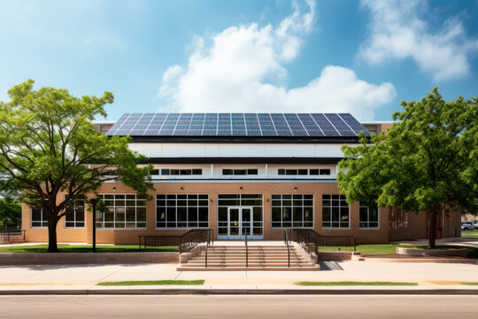 a school building with solar panels. AI generative.