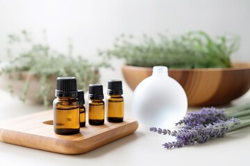 flat lay of essential oils, diffuser, and lavender - obrazy, fototapety, plakaty
