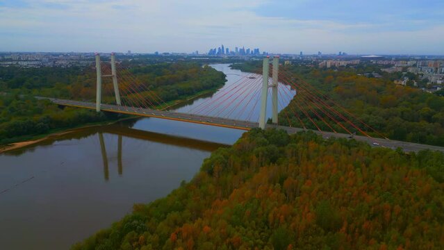 Aerial view - Siekierkowski Bridge. city of Warsaw in Poland. Beautiful fall or autumn scence overlooking the bridge and the river.
