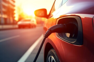 EV charging on street electric power supply station with power cable.