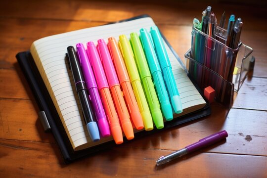 a collection of highlighters next to notebook with faded ink