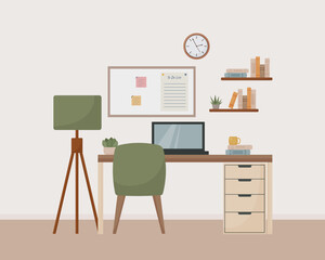 workspace room interior, flat style, cabinet, home office, modern interior, chair, desk, bookshelf, books, lamp, plant, laptop, mug, vector illustration