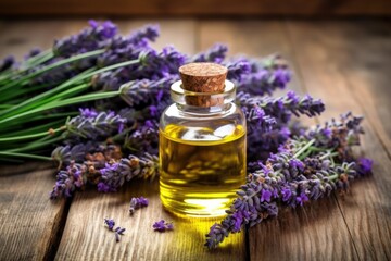 Obraz na płótnie Canvas close-up shot of lavender essential oils on table