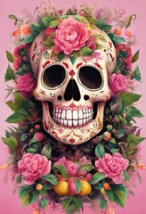 Creative floral layout with skull and flowers on colored background. Creative Halloween or Santa Muerte concept.