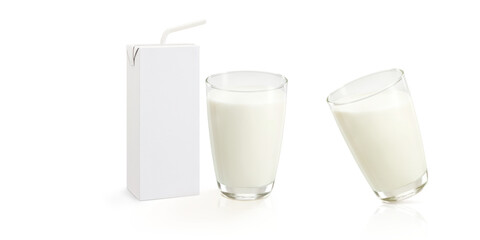 Milk in a glass and an empty milk carton for text. PNG transparent