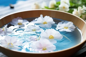 Obraz na płótnie Canvas bowl of water with floating flowers for hydropathic therapy