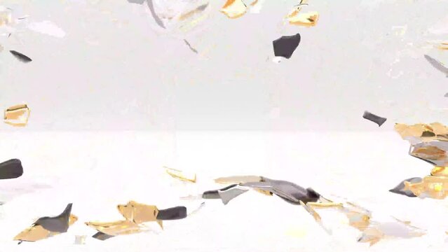 Metallic shards and fragments floating in white 