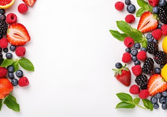 Frame of fresh berries on white background. copy space of berry frame. AI Generative.