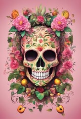 Creative skull with flowers. Halloween or Santa Muerte concept.