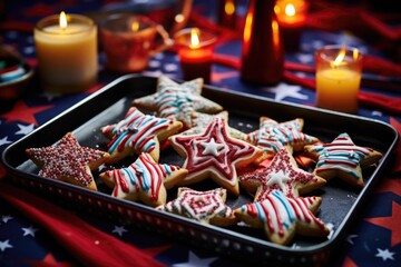 star-shaped cookies on a tray with festive carnival decorations