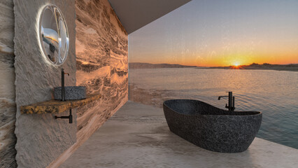 luxurious bathroom with sea view.3d illustration.