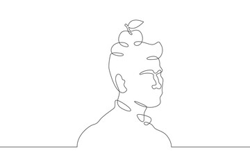 A man with an apple on his head. Portrait of a man. A male character holds an apple on his head.One continuous line. Linear. Hand drawn, white background.