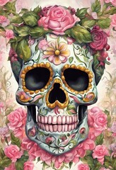 Creepy Floral skull for Halloween and day of the dead design on a colored background