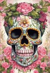 Wall murals Aquarel Skull Creepy Floral skull for Halloween and day of the dead design on a colored background