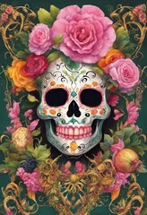 Skull with plants .Halloween and day of the dead design on a colored background