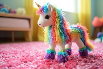 glittery unicorn toy standing on a rainbow carpet