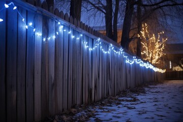 blue and white lights adorning a rustic wooden fence