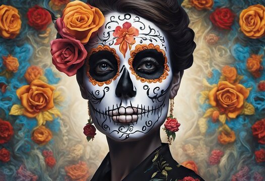 Mexican woman with day of the dead makeup, flowers and skull, mexico holiday