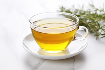 a steaming cup of herbal tea on a white table