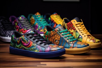 variety of customized, painted sneakers