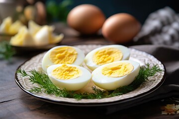 boiled eggs cut in half on a plate