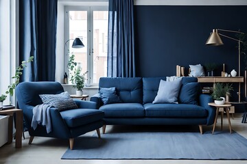 Dark blue sofa and recliner chair in scandinavian apartment design
