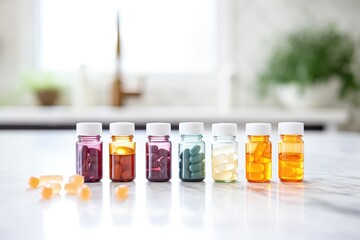 colorful supplement bottles lined up on white countertop