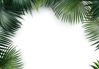 Naklejka premium Group of green leaf frame on white. Summer palm leaves on White background, AI Generative.
