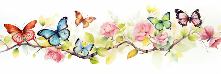 美しい蝶がいる風景を描いた水彩イラスト