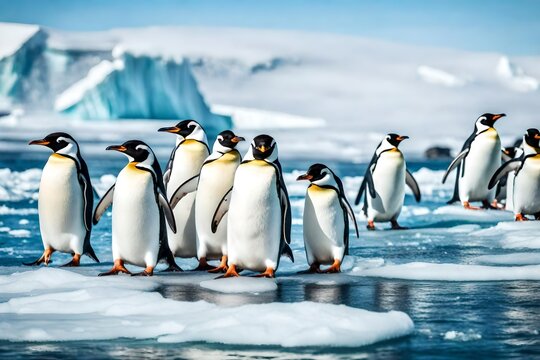 : A group of cute penguins sliding on ice 