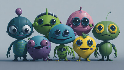 Obraz premium A diverse group of aliens, each with their own unique features and expressions, stand on a transparent background, smiling and waving in greeting